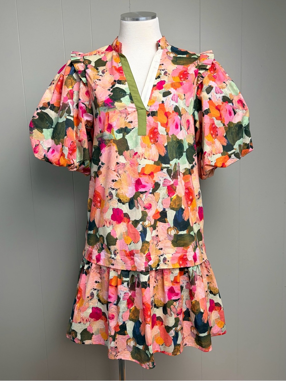 THML Floral Puff Sleeve Drop Waist Dress Pockets Small